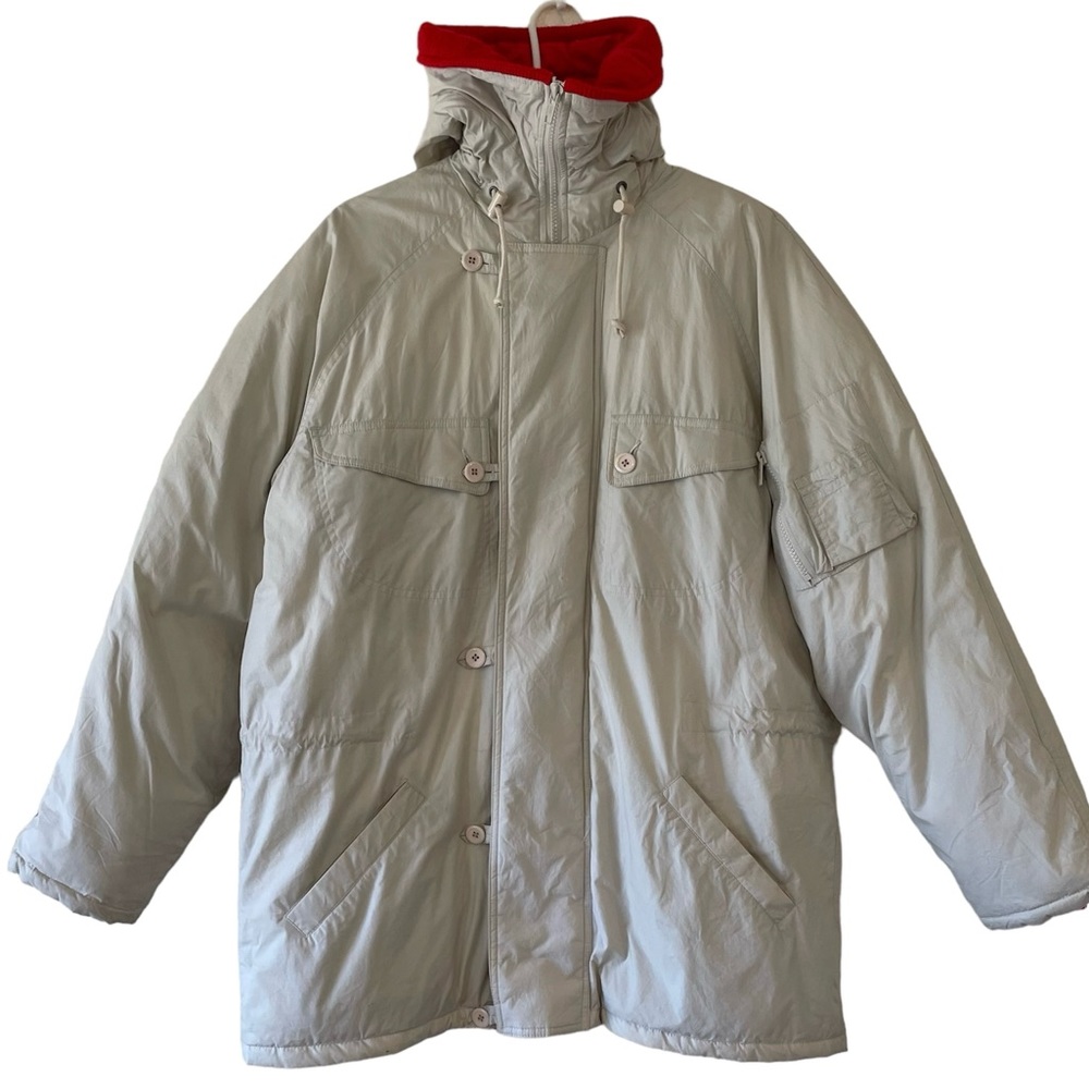 DASH Winter Parka Coat Women's Small Tan Red Duck Down Hood Zipper Buttons